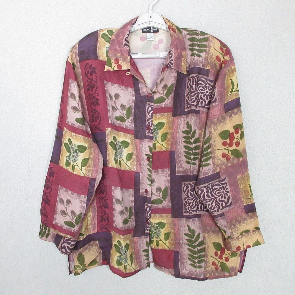 Silk Ncounter Blouse Womens L Floral Patchwork Long Sleeve Button Up‎ Silk Top